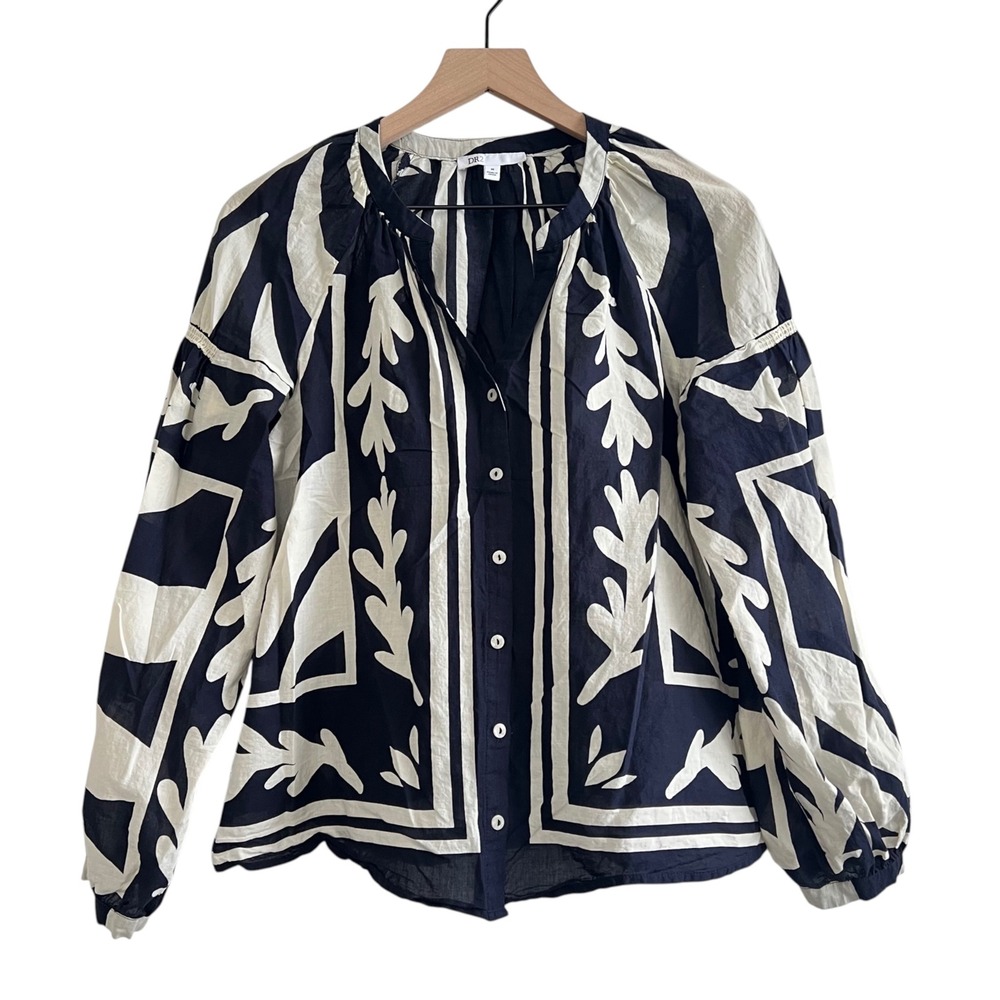 DR2 by Daniel Rainn Women's M Navy Botanical Print Blouse Cotton Lightweight
